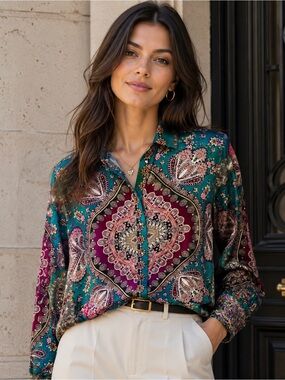 Zara Teal Paisley Button Front Blouse Size Large